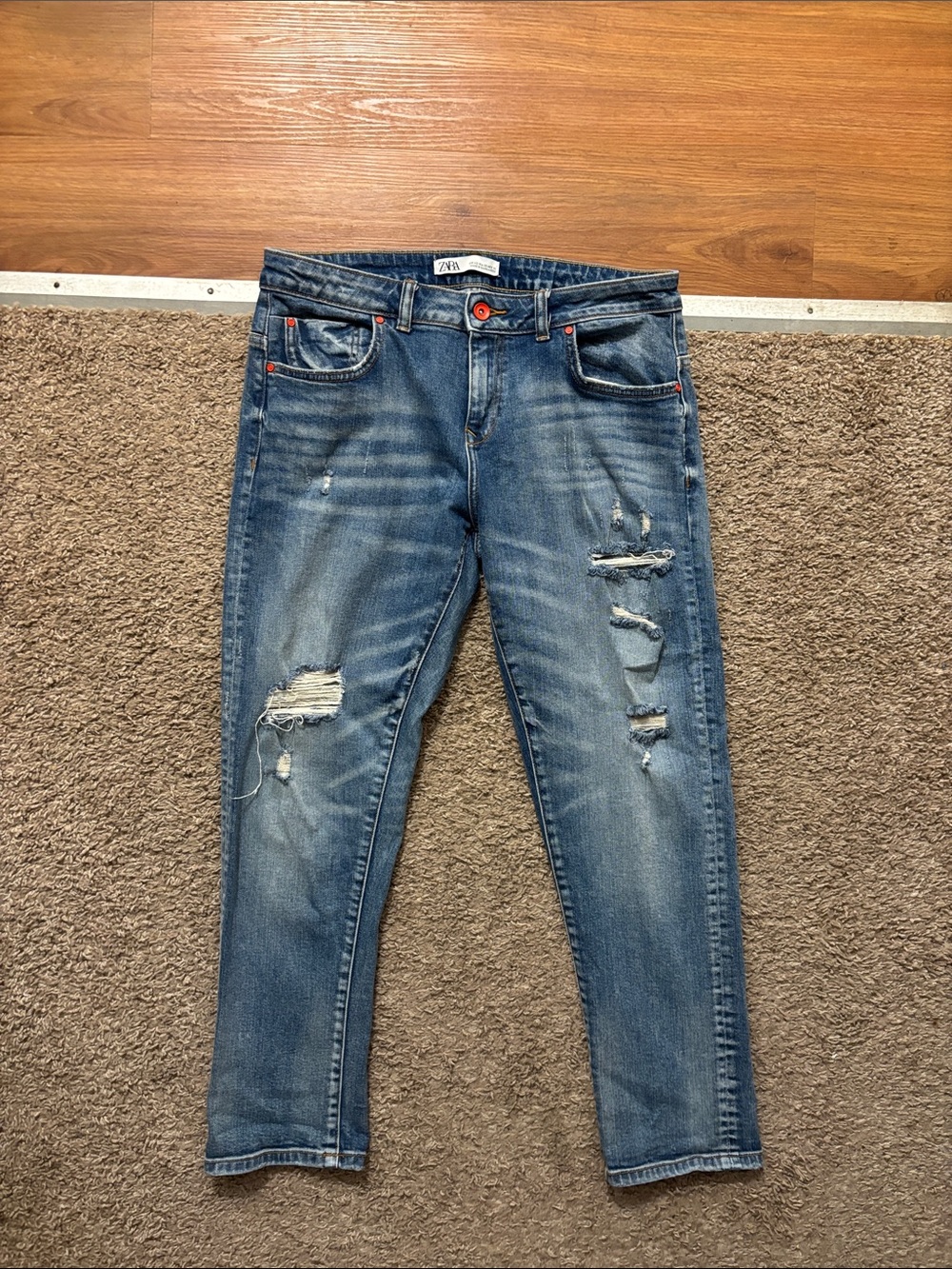 Zara Woman’s 8 Blue Distressed Skinny Jeans with Orange Button/Stitch Accents